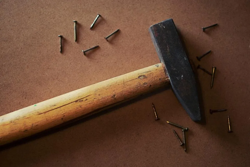 Hammer and nails laid out, representing precise internal repair work